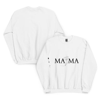 White MAMA sweatshirt flat lay showing front floral typography design and plain back 