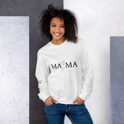 Smiling woman wearing white MAMA sweatshirt with floral typography – front view showing full chest design