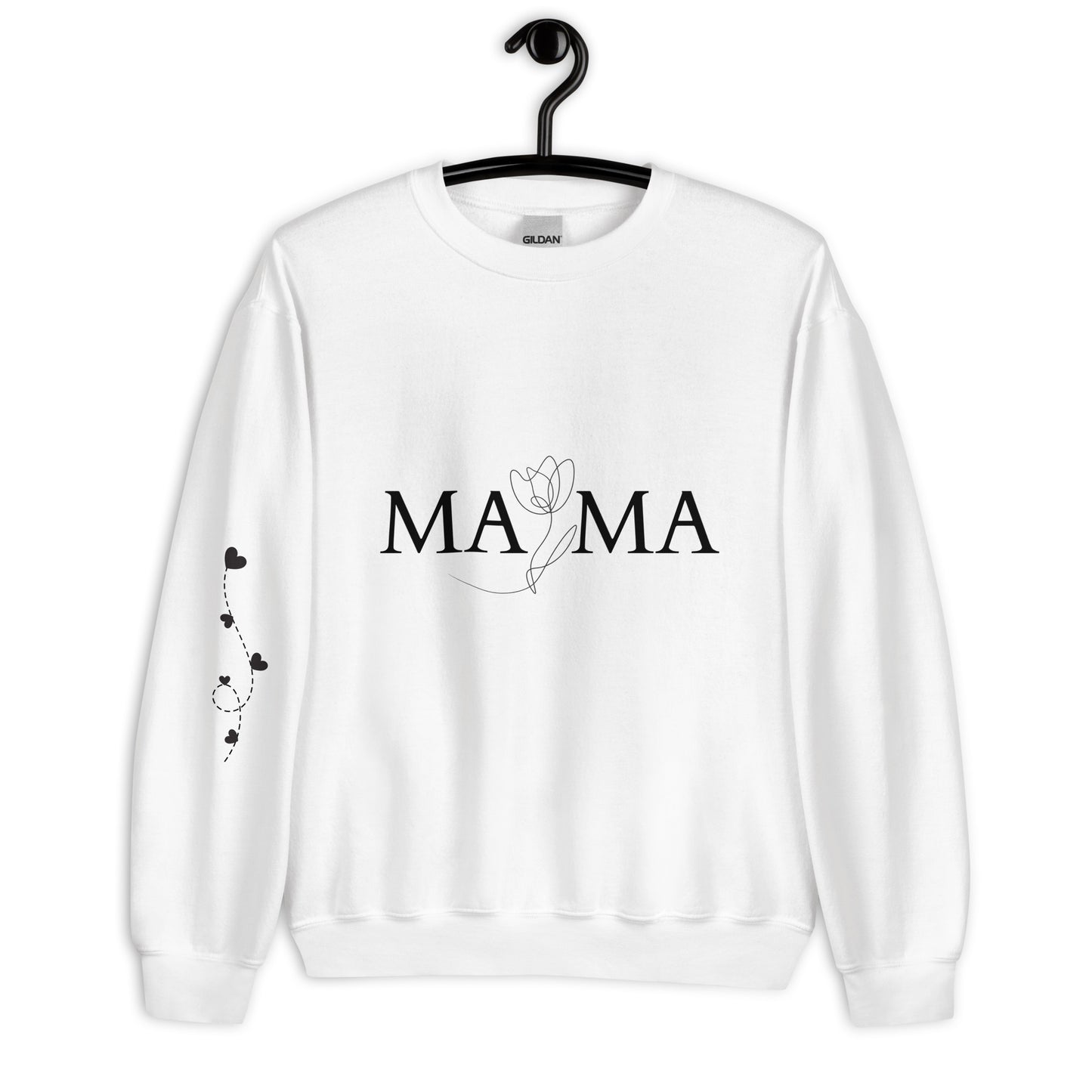 White MAMA sweatshirt on hanger – front view with floral typography and heart balloon sleeve design