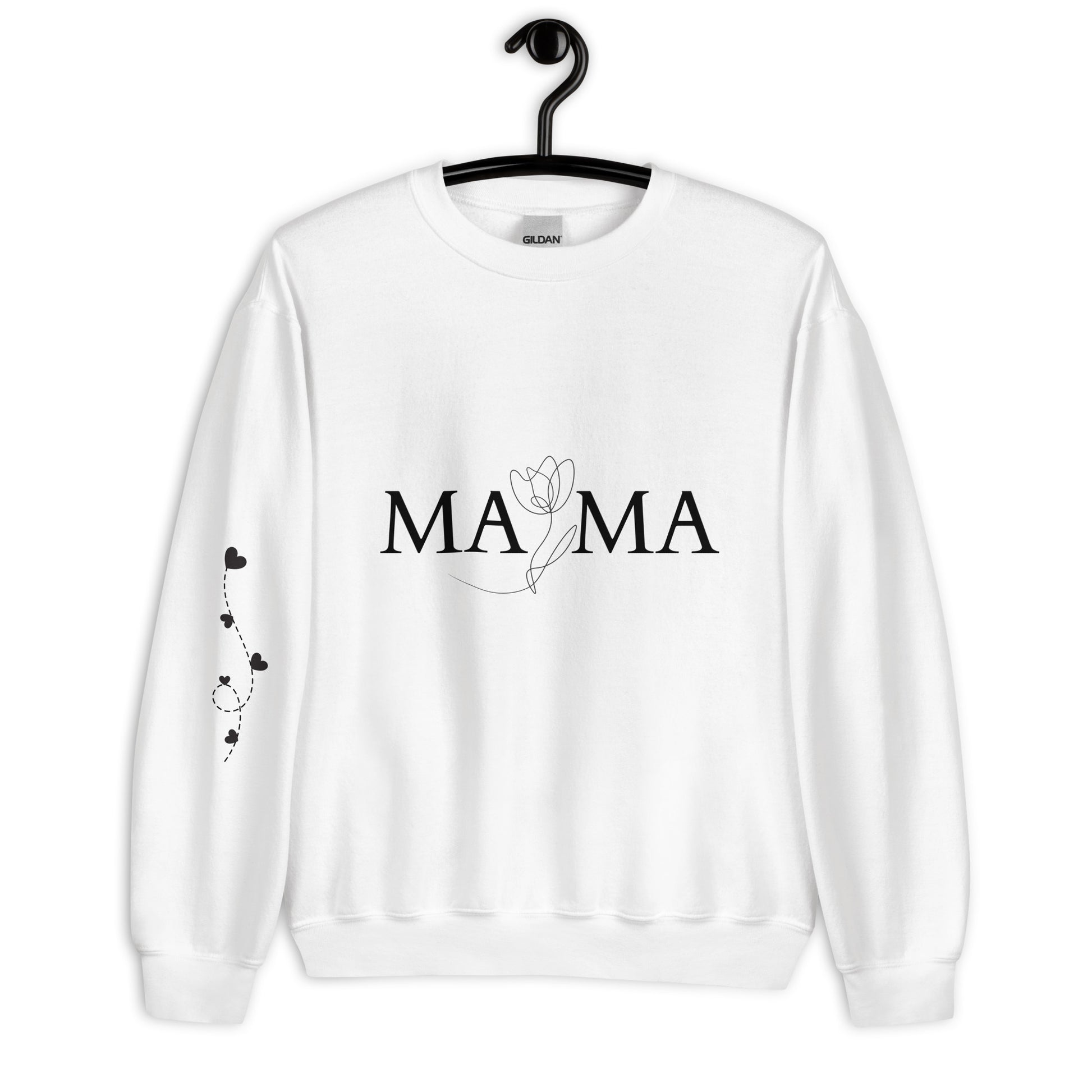 White MAMA sweatshirt on hanger – front view with floral typography and heart balloon sleeve design