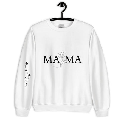 White MAMA sweatshirt on hanger – front view with floral typography and heart balloon sleeve design