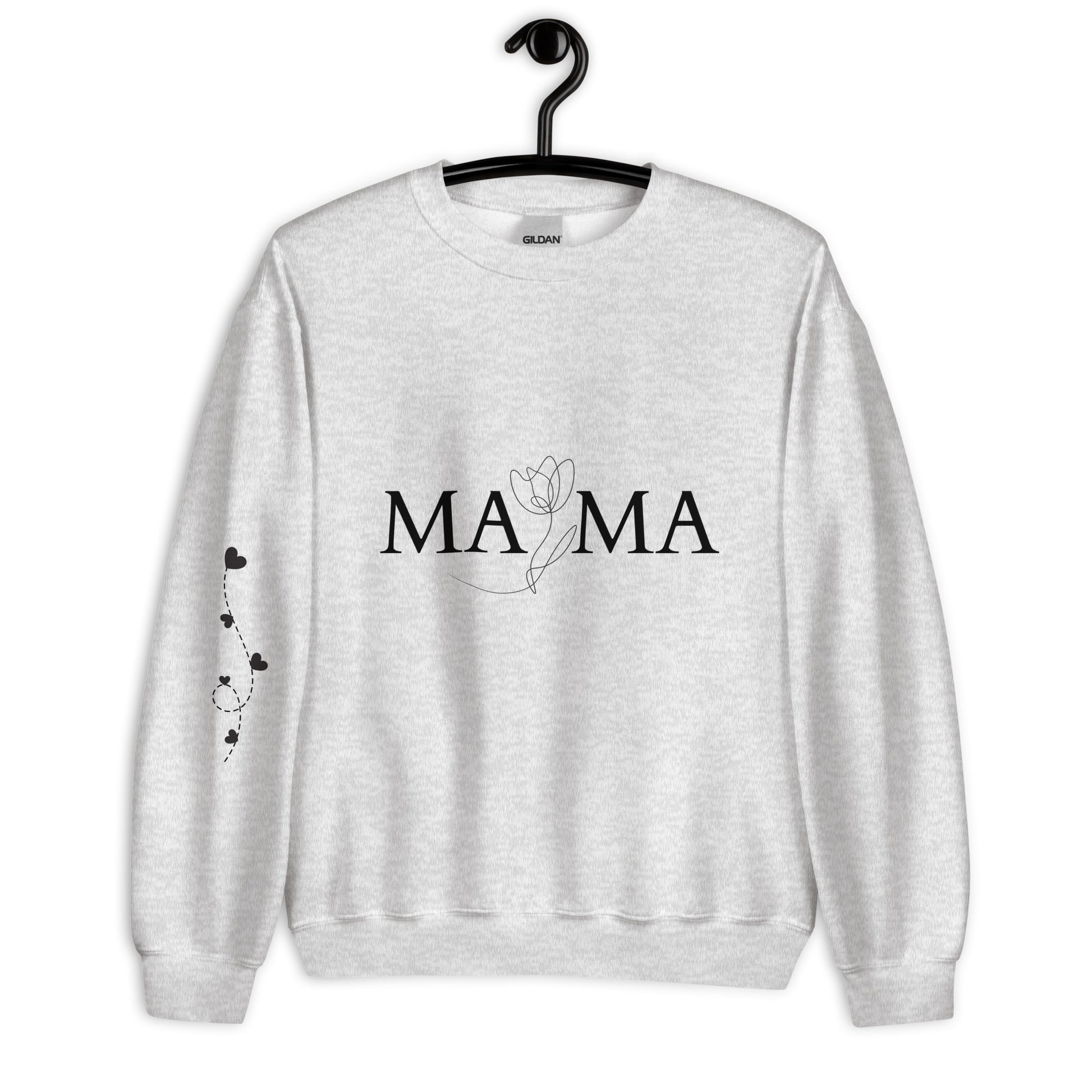 Ash gray MAMA sweatshirt on hanger – front view with floral typography and heart balloon sleeve design
