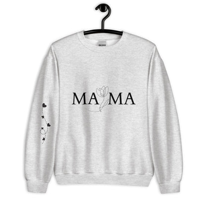 Ash gray MAMA sweatshirt on hanger – front view with floral typography and heart balloon sleeve design
