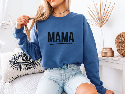 Woman wearing indigo blue MAMA sweatshirt – Minimalist & Cozy Gift Idea for Moms