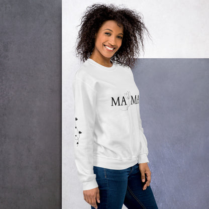 Woman wearing white MAMA sweatshirt, turned slightly right – floral chest design and heart balloon sleeve print visible