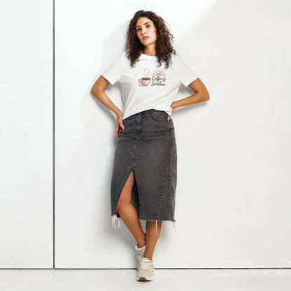 Woman modeling white mom shirt with “Coffee & Sunshine” design. 