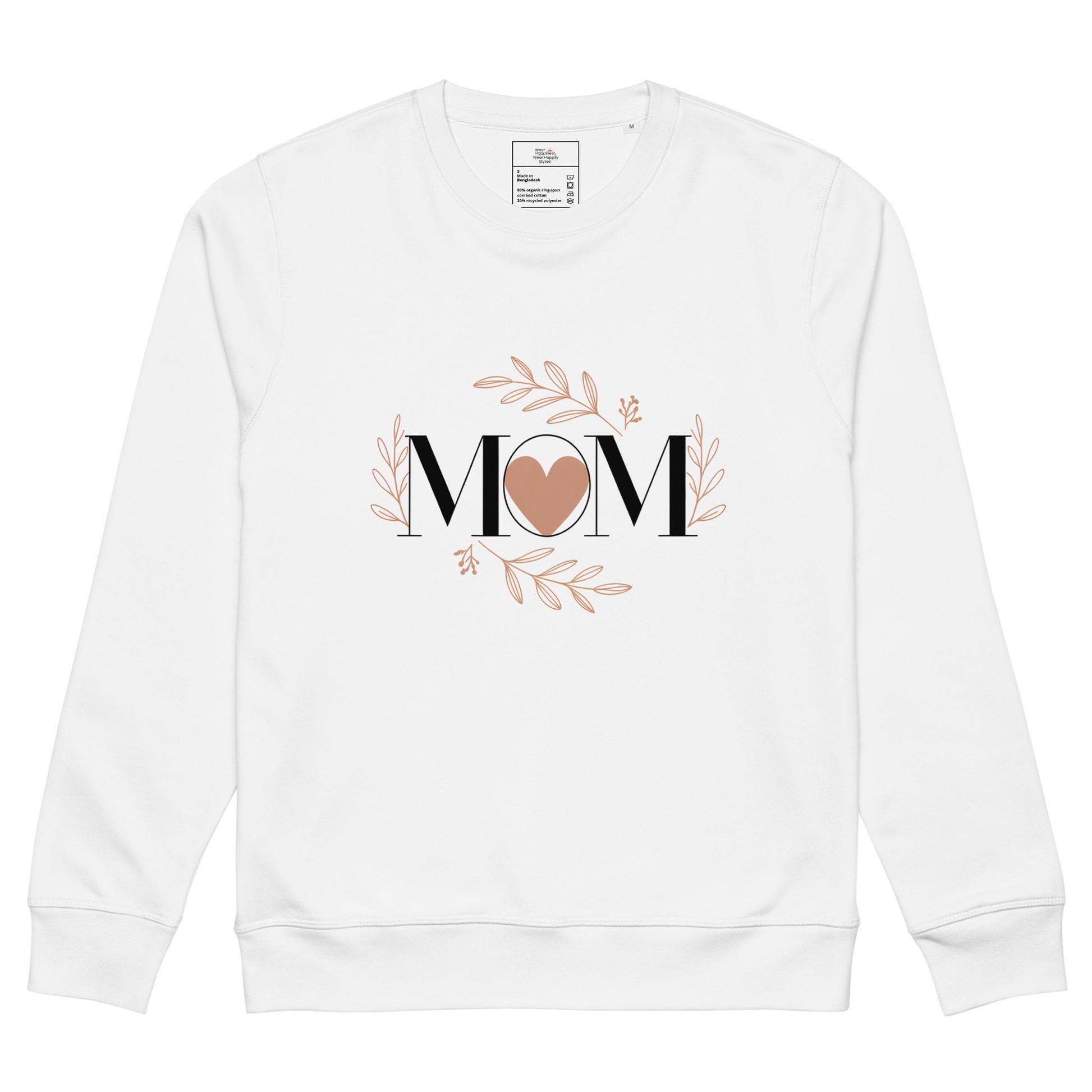 White sweatshirt with 'MOM' text and heart design surrounded by floral elements
