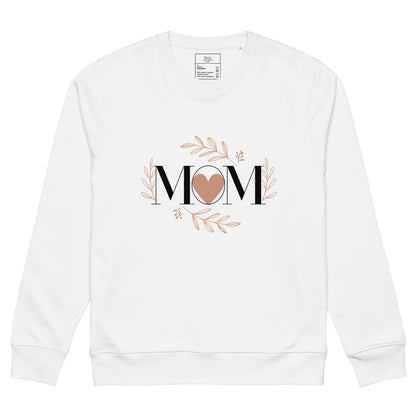 White sweatshirt with 'MOM' text and heart design surrounded by floral elements