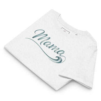 Folded grey t-shirt with Ocean Mama wave design displayed in a flatlay mockup for summer collection
