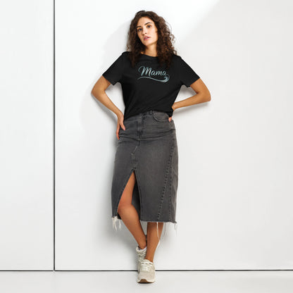 Woman wearing black Ocean Mama t-shirt with wave design, styled casually for summer look, part of Happily Styled collection

