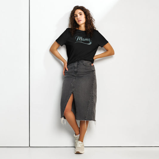 Woman wearing black Ocean Mama t-shirt with wave design, styled casually for summer look, part of Happily Styled collection
