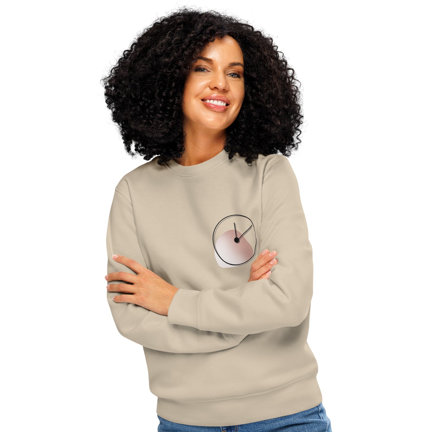 Smiling woman wearing dusty beige unisex sweatshirt with 'One Day at a Time' clock design