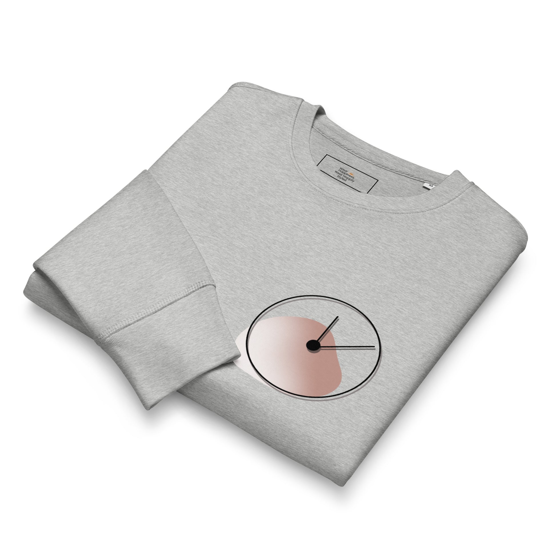 Folded grey unisex sweatshirt with minimalist 'One Day at a Time' clock design