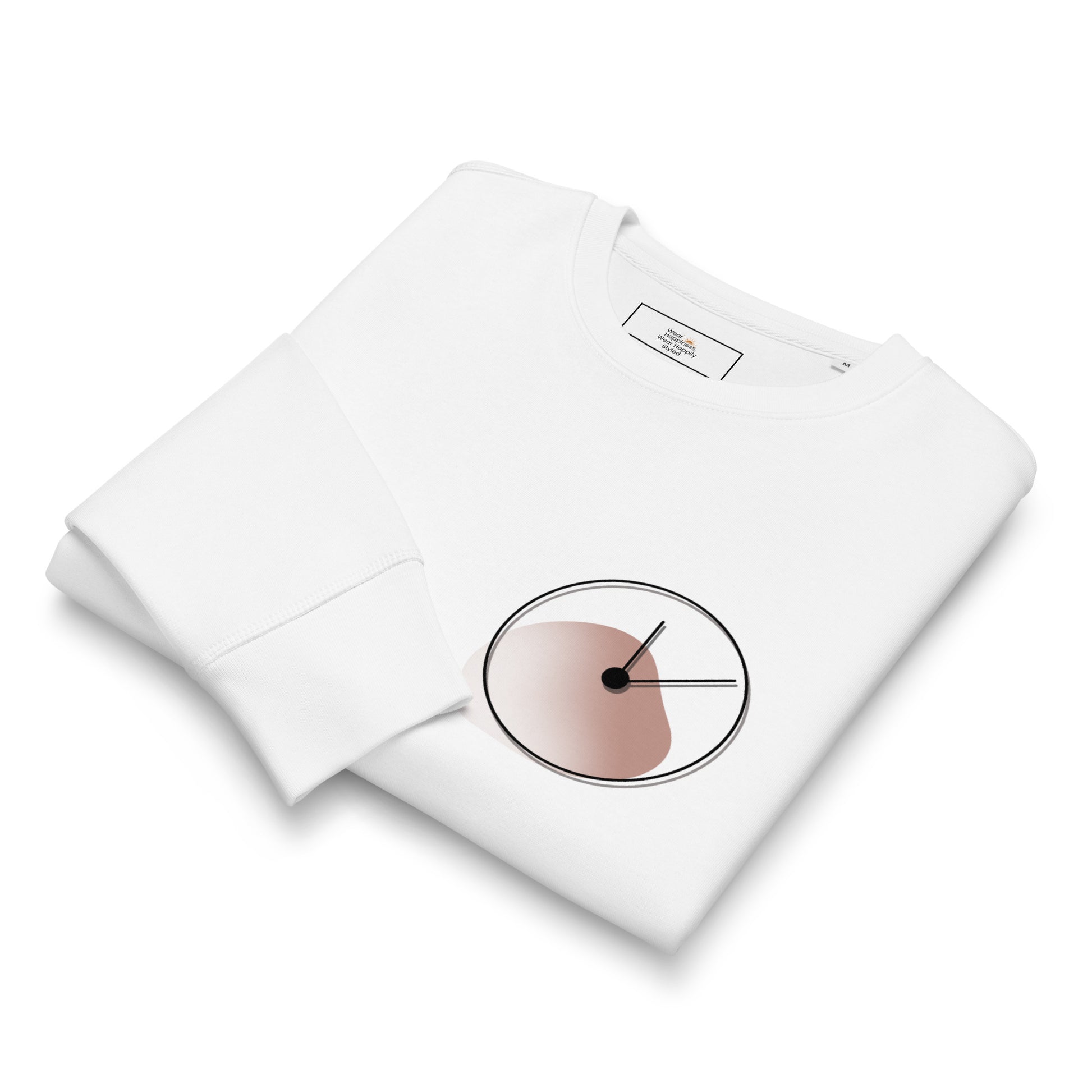 Folded white unisex sweatshirt with minimalist 'One Day at a Time' clock design.