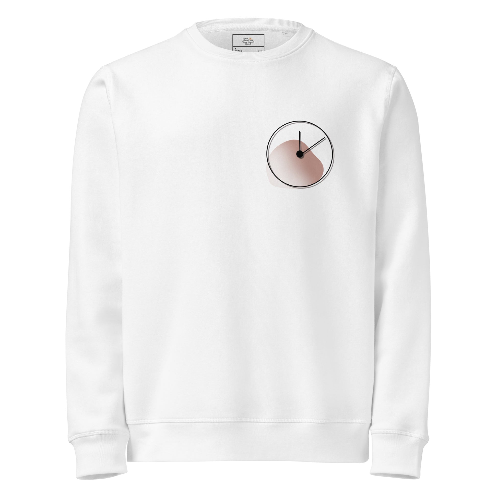 White unisex sweatshirt with minimalist 'One Day at a Time' clock design on the chest.