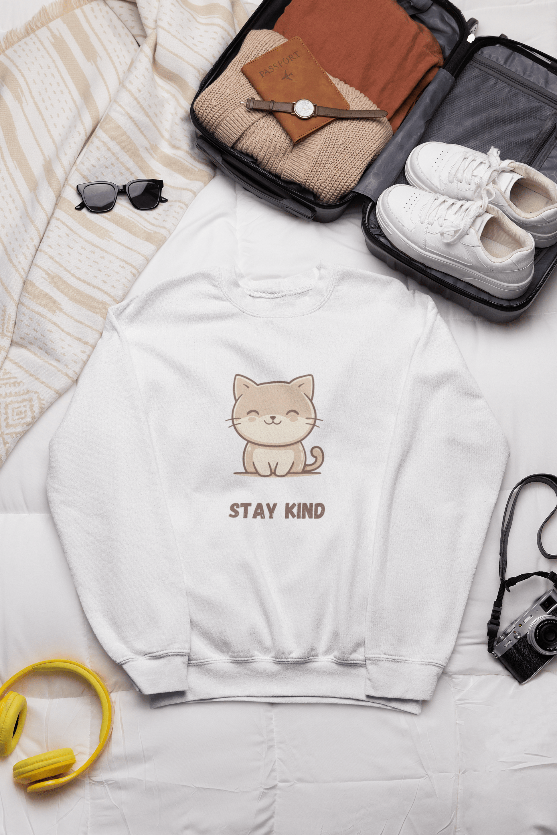 White sweatshirt with a cute cat and the words “Stay Kind” placed on a bed, next to a travel suitcase, sneakers, folded clothes, sunglasses, and travel accessories.