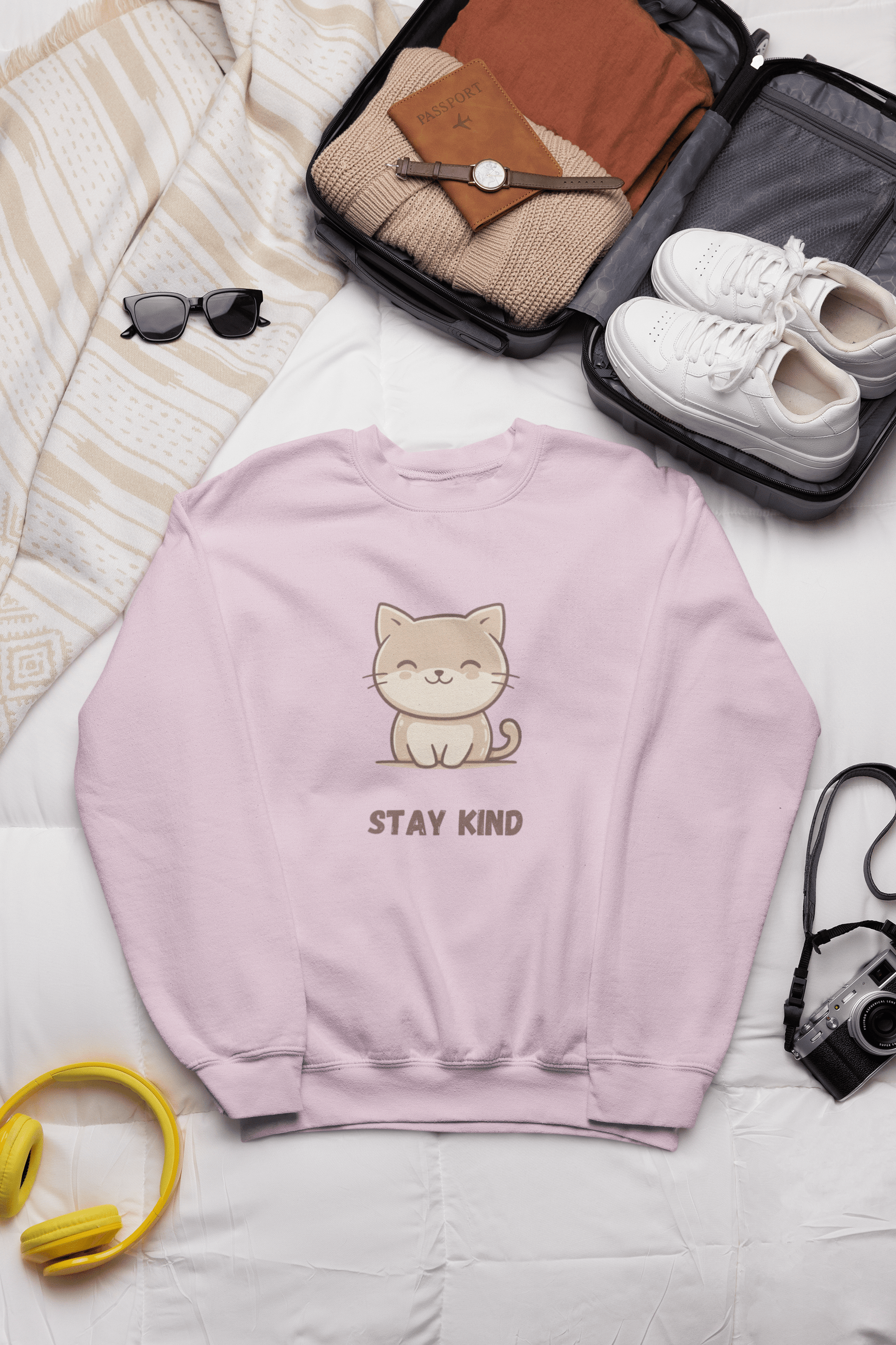 Soft pink sweatshirt with a cute cat and the words “Stay Kind” placed on a bed, next to a travel suitcase, sneakers, folded clothes, sunglasses, and travel accessories.