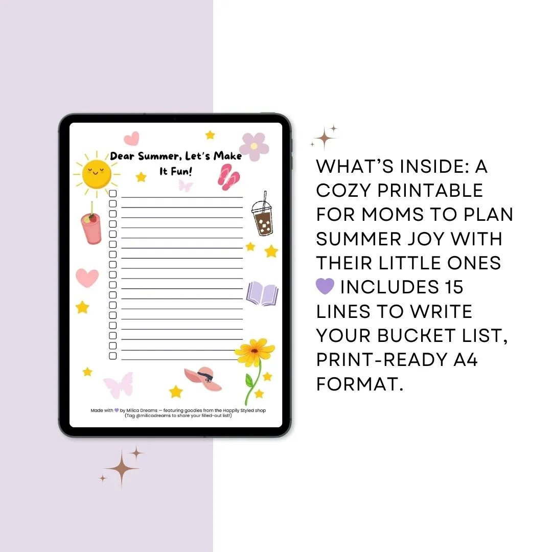 Printable summer bucket list for moms shown on tablet mockup with pastel icons and checklist in A4 format.