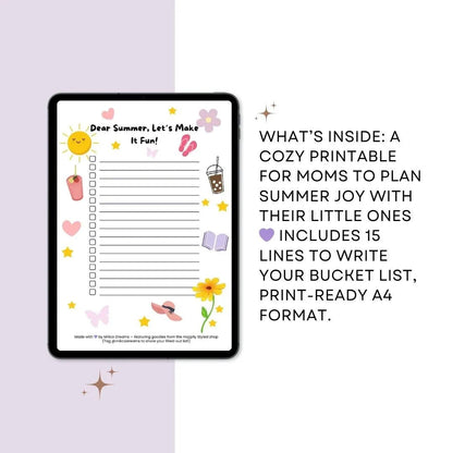 Printable summer bucket list for moms shown on tablet mockup with pastel icons and checklist in A4 format.