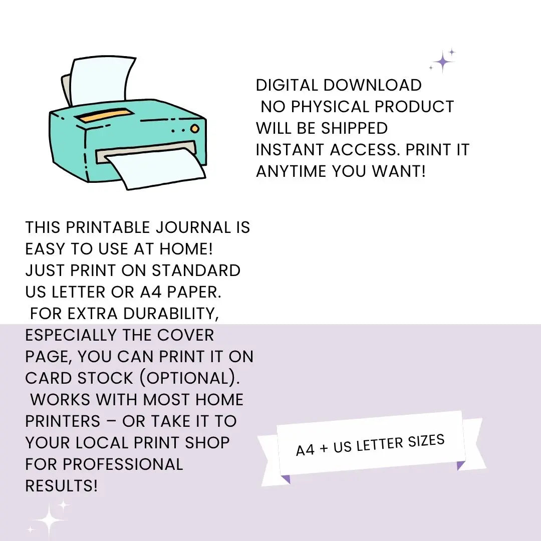 Illustration of a printer with text explaining how to print the Summer Memories Kit on US Letter or A4 paper, with optional card stock