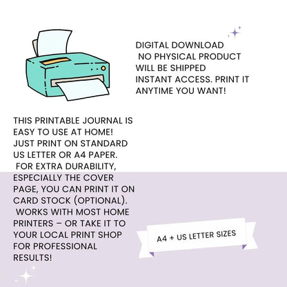 Illustration of a printer with text explaining how to print the Summer Memories Kit on US Letter or A4 paper, with optional card stock
