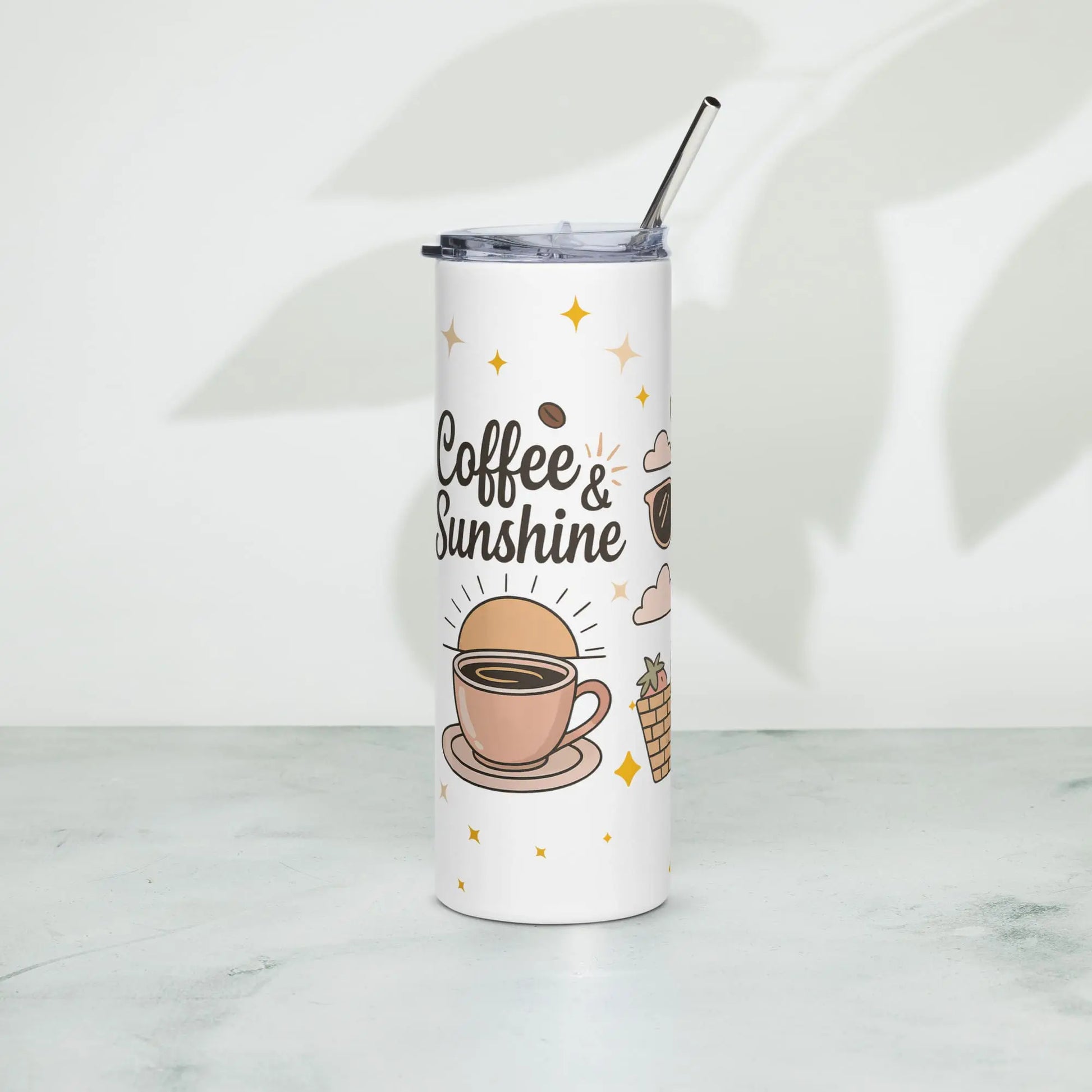 Right side view of white stainless steel tumbler standing on marble surface, featuring ‘Coffee & Sunshine’ quote with pastel coffee cup illustration and golden stars.