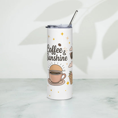 Right side view of white stainless steel tumbler standing on marble surface, featuring ‘Coffee & Sunshine’ quote with pastel coffee cup illustration and golden stars.