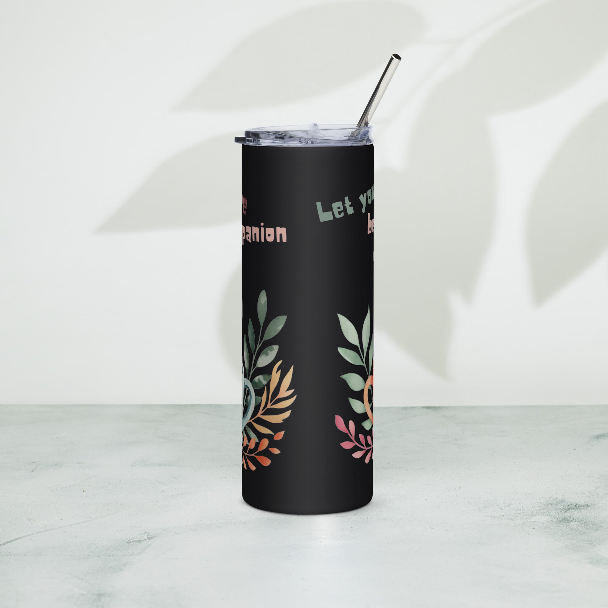 Black stainless steel tumbler – back view with leaf design