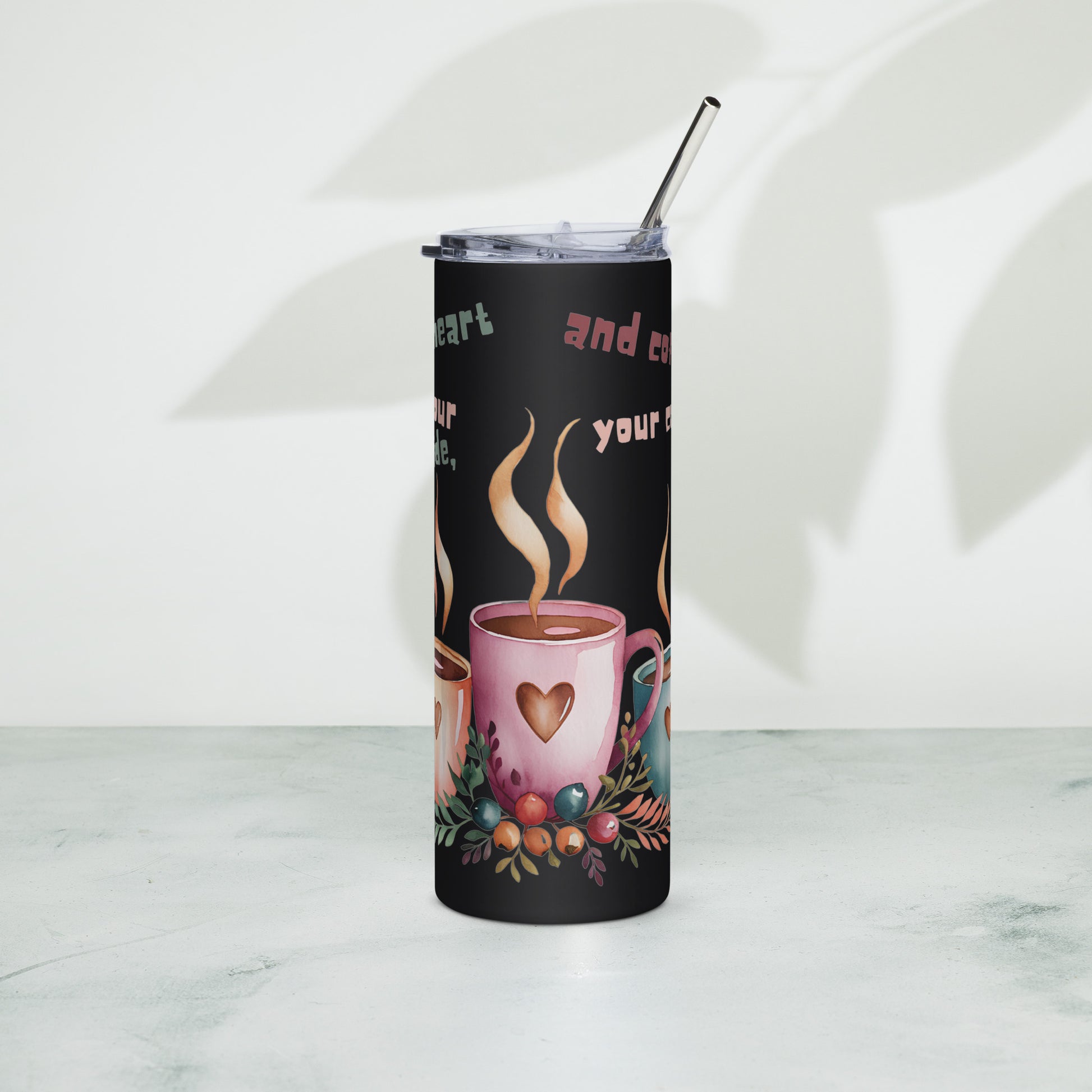 Black stainless steel tumbler – front view with steaming coffee cups