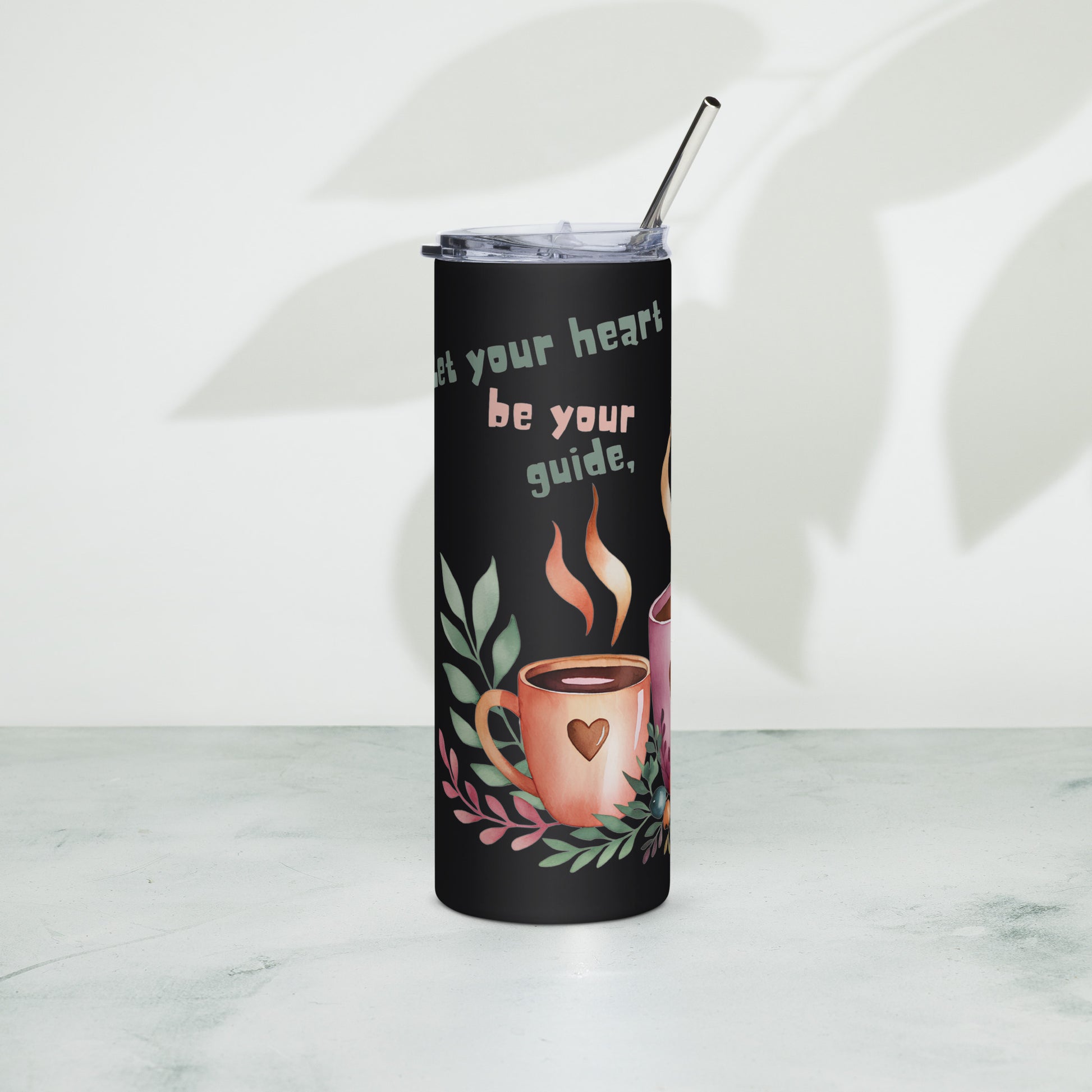 Black stainless steel tumbler – right side with coffee cup and leaves