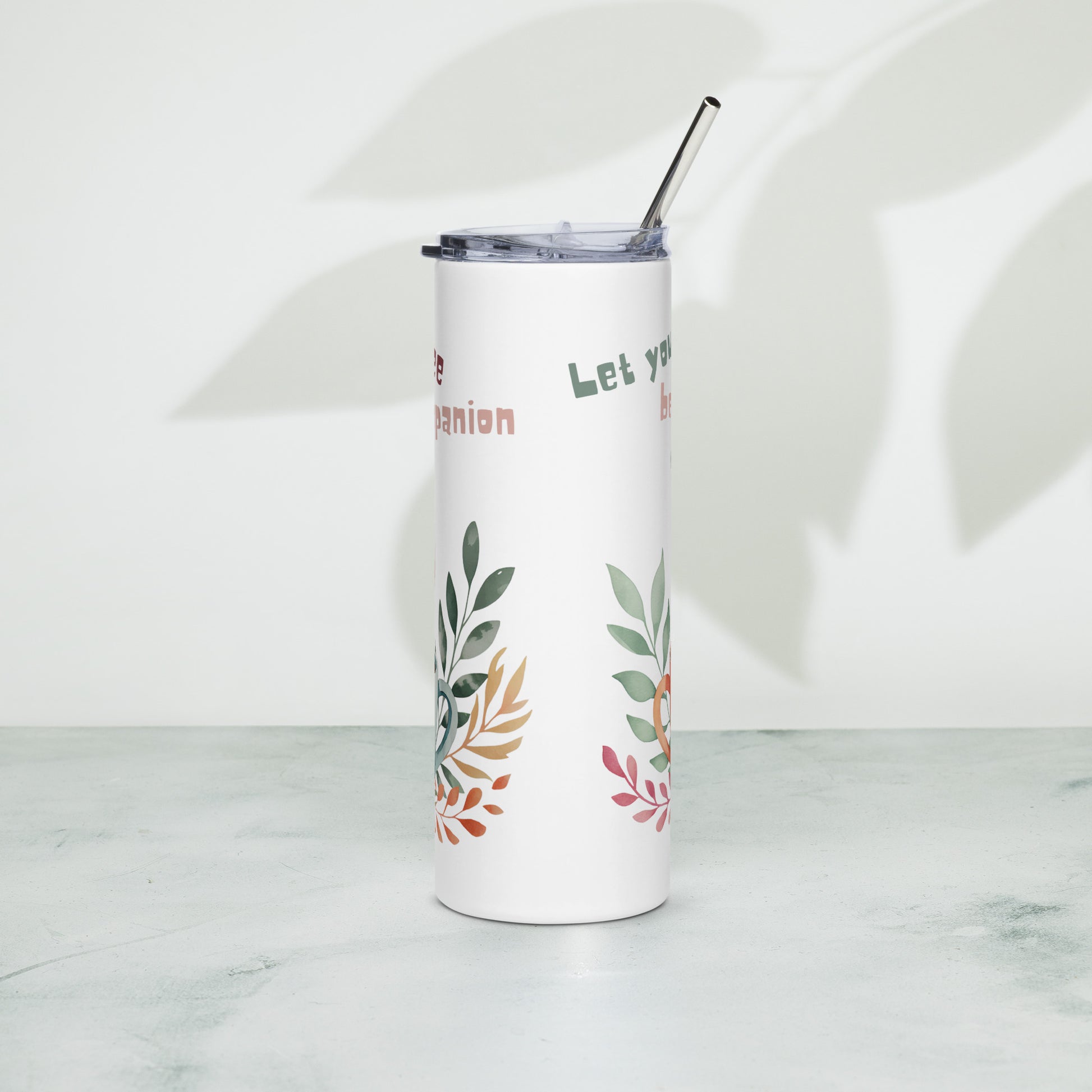 White stainless steel tumbler – back view with leaf design
