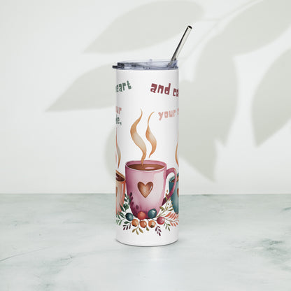 White stainless steel tumbler – front view with steaming coffee cups