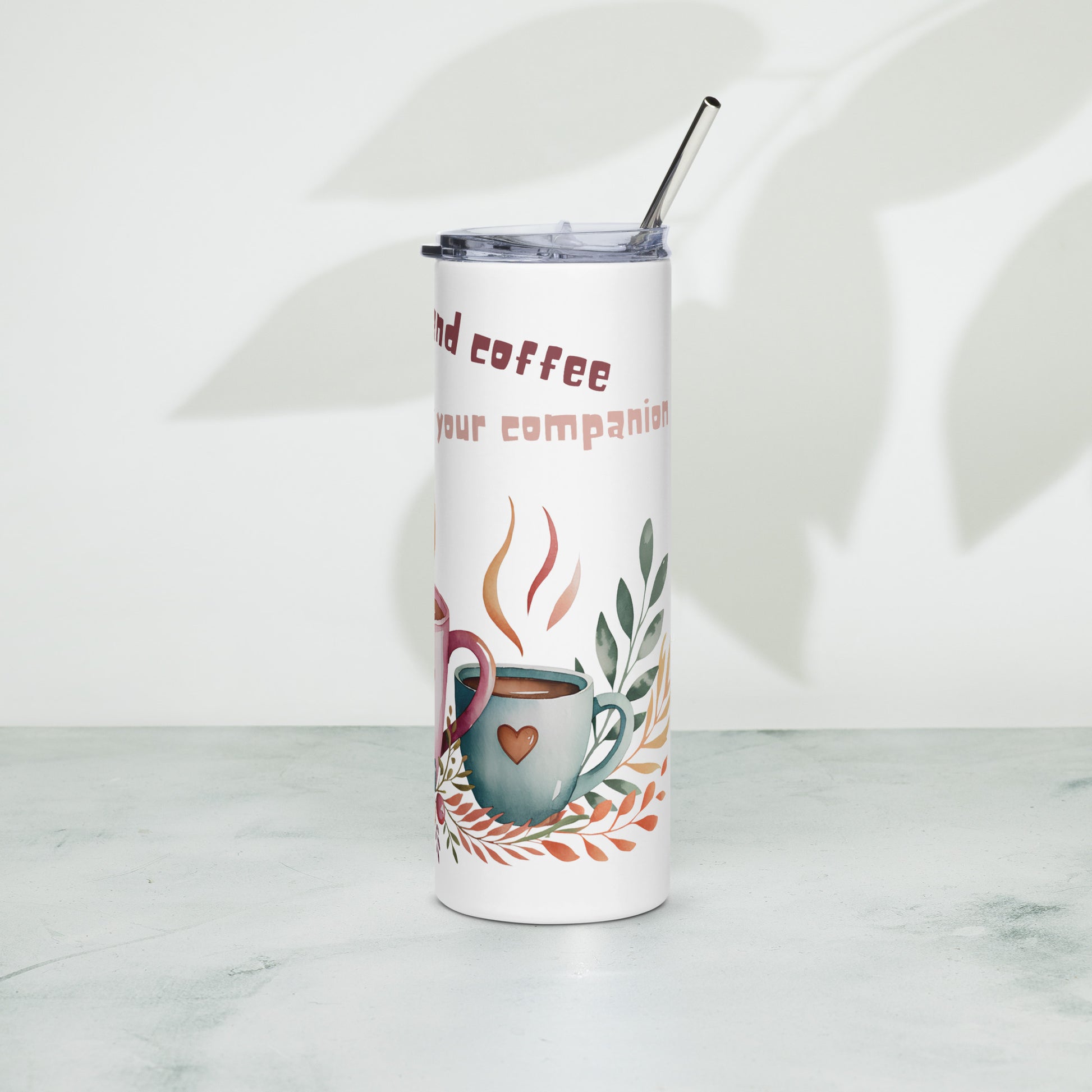 White stainless steel tumbler – left side with coffee design and greenery