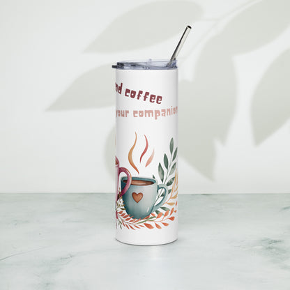 White stainless steel tumbler – left side with coffee design and greenery