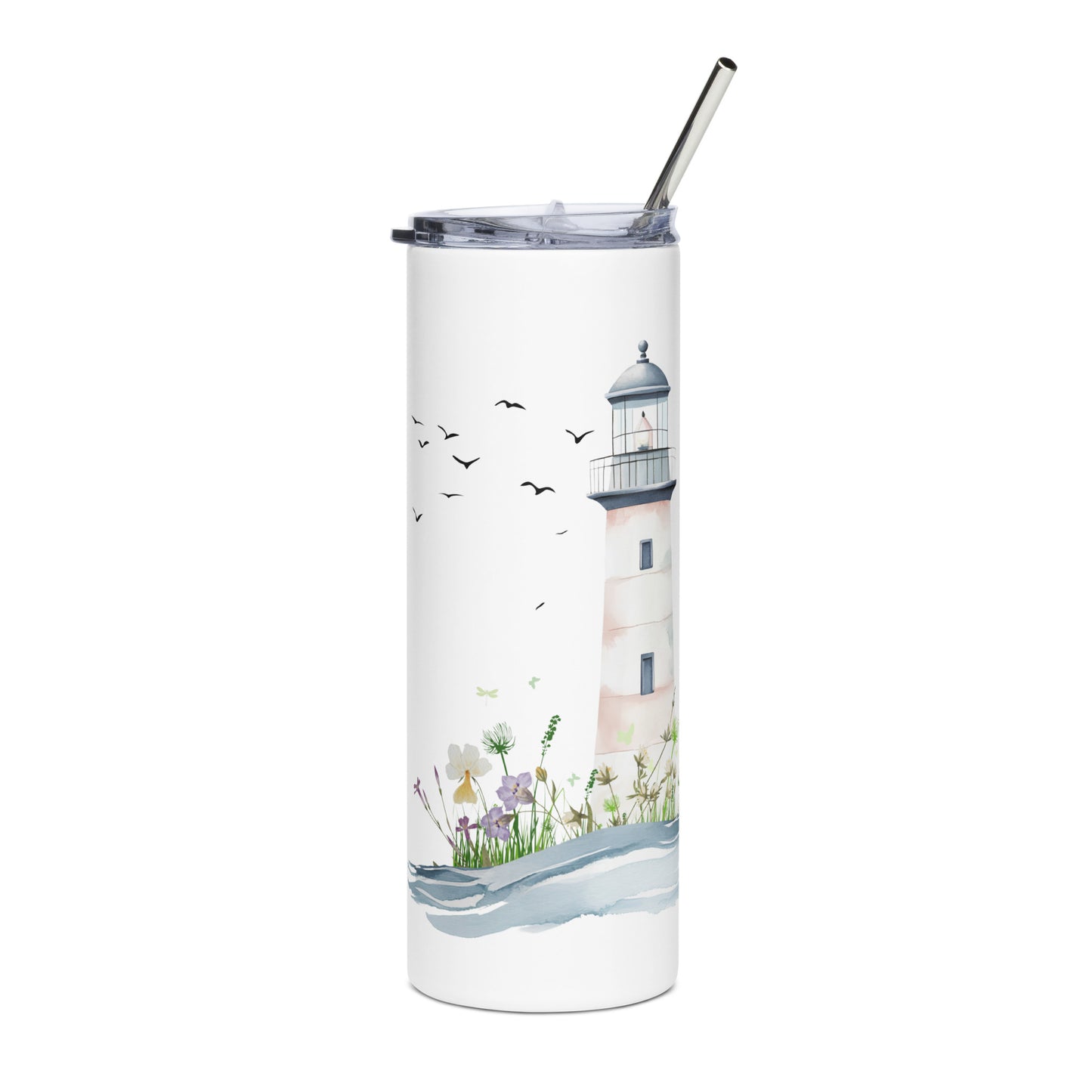 White stainless steel tumbler with a pastel lighthouse illustration, soft waves, and wildflowers, placed on a light surface