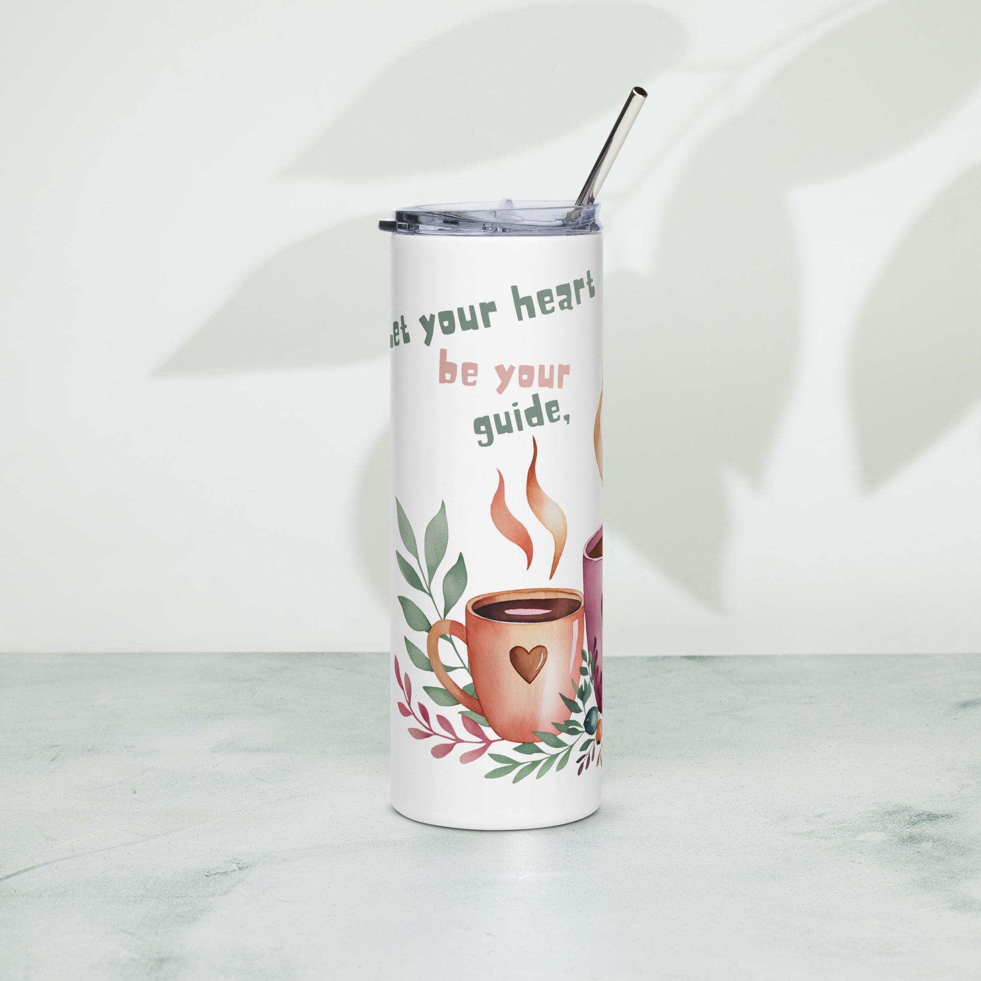 White stainless steel tumbler – right side with coffee cup and leaves