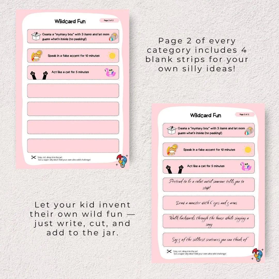  Two printable sheets showing silly activity prompts for kids, with space to write custom ideas
