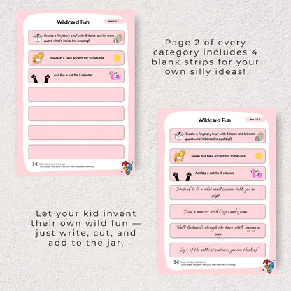  Two printable sheets showing silly activity prompts for kids, with space to write custom ideas