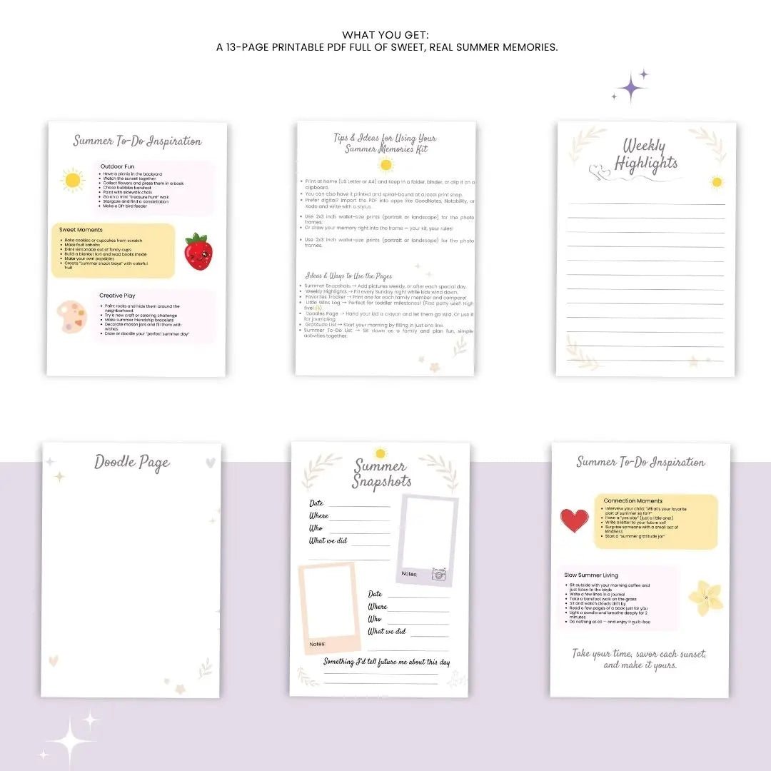 Second preview of six more pages from the Summer Memories Kit showing weekly highlights, doodle page, and inspirational prompts.