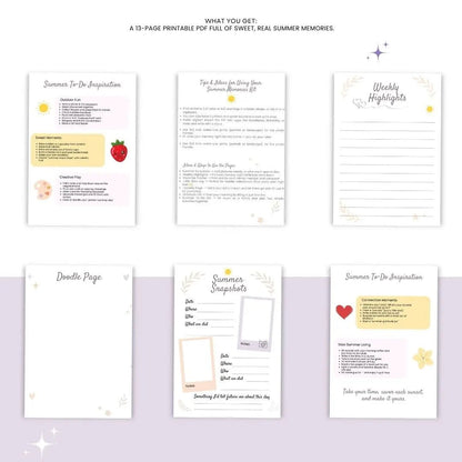 Second preview of six more pages from the Summer Memories Kit showing weekly highlights, doodle page, and inspirational prompts.
