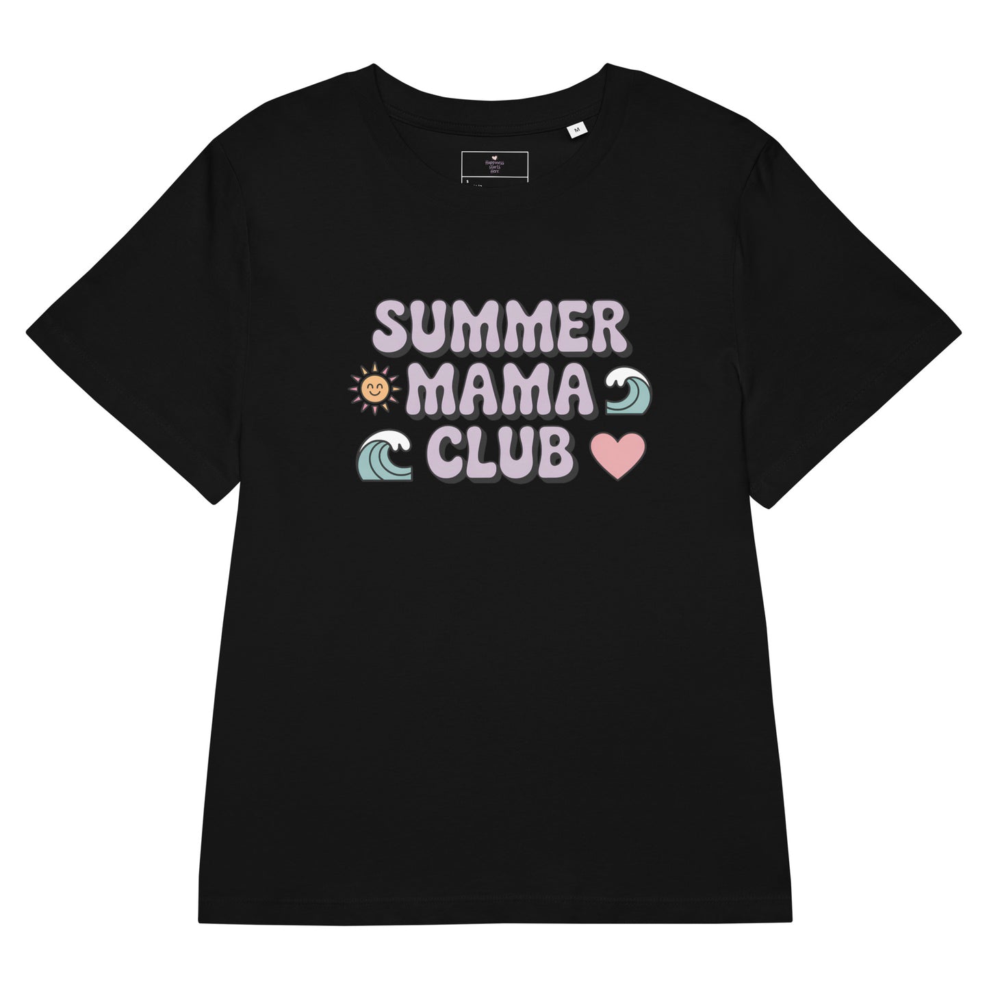 Flat lay of black women's t-shirt with pastel "Summer Mama Club" design featuring waves, sun, and heart icons.