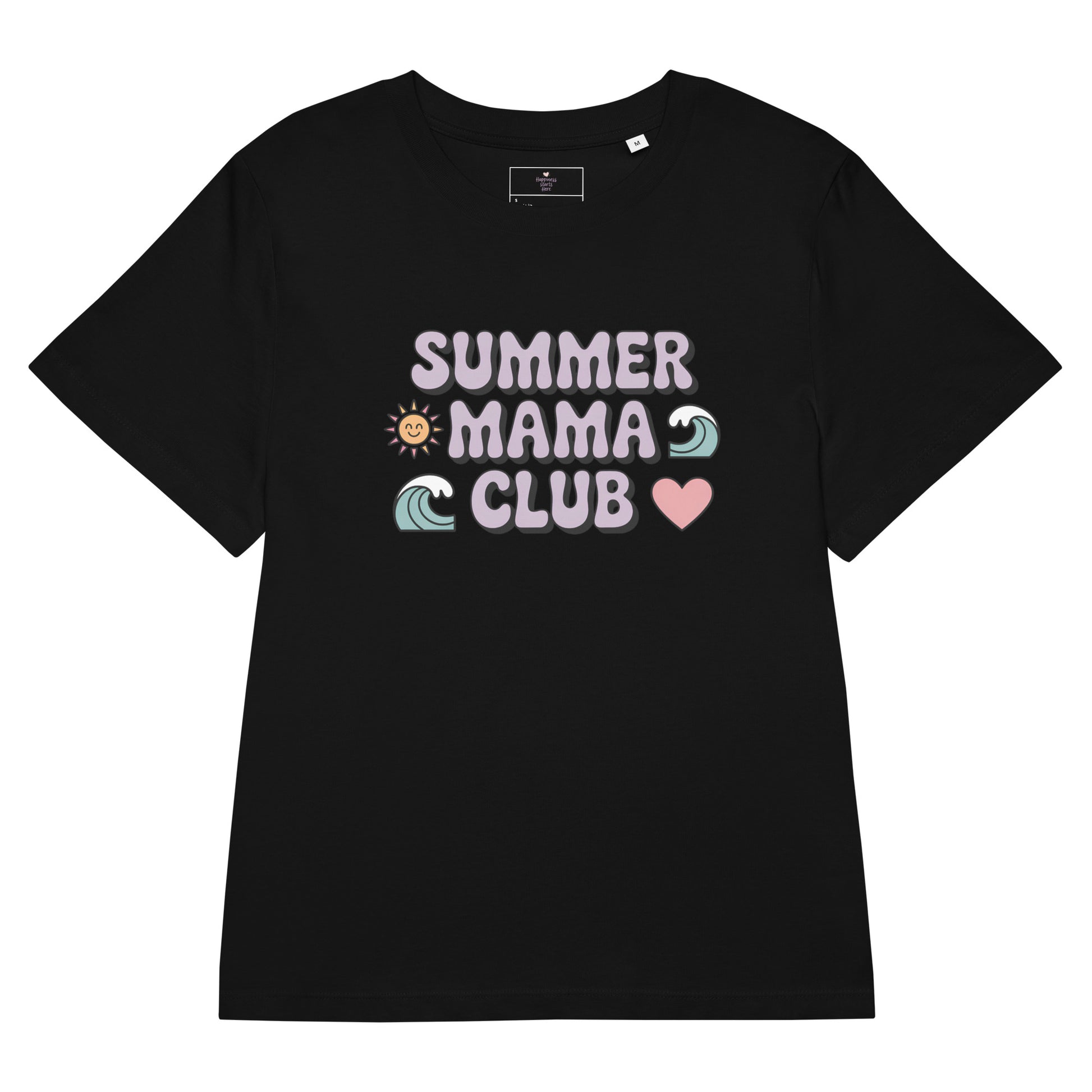 Flat lay of black women's t-shirt with pastel "Summer Mama Club" design featuring waves, sun, and heart icons.