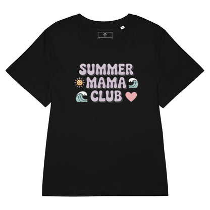Flat lay of black women's t-shirt with pastel "Summer Mama Club" design featuring waves, sun, and heart icons.