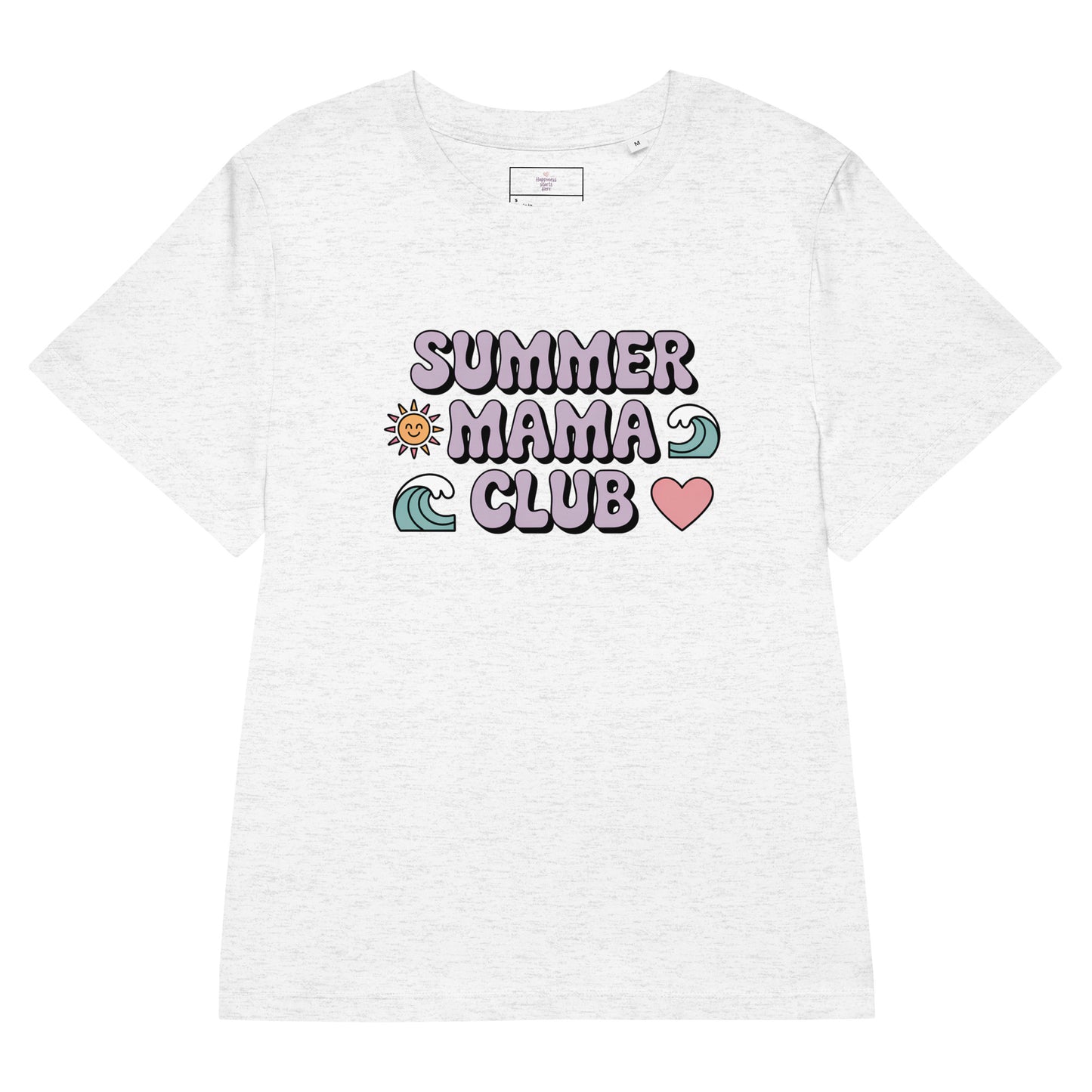 Flat lay of light grey women's t-shirt with pastel "Summer Mama Club" design featuring waves, sun, and heart icons.