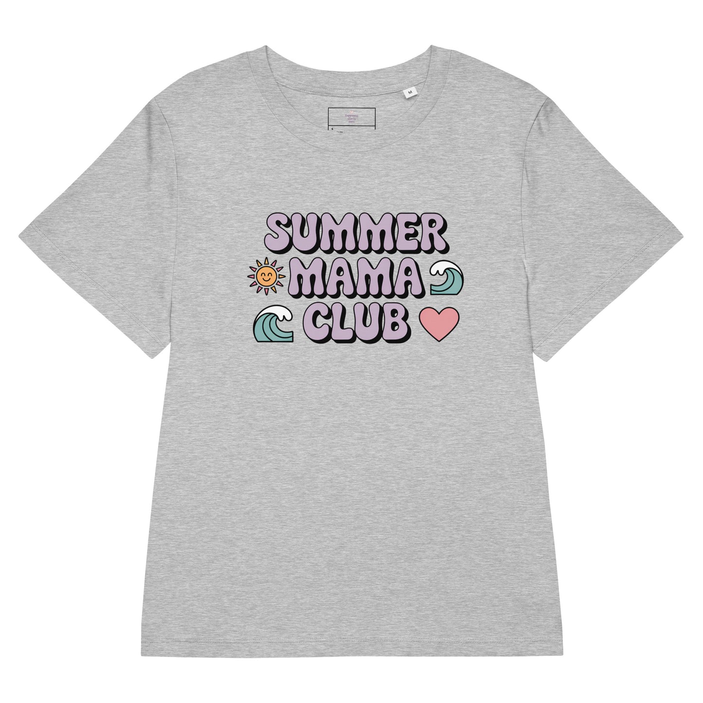 Flat lay of heathered grey women's t-shirt with pastel "Summer Mama Club" design featuring waves, sun, and heart icons.