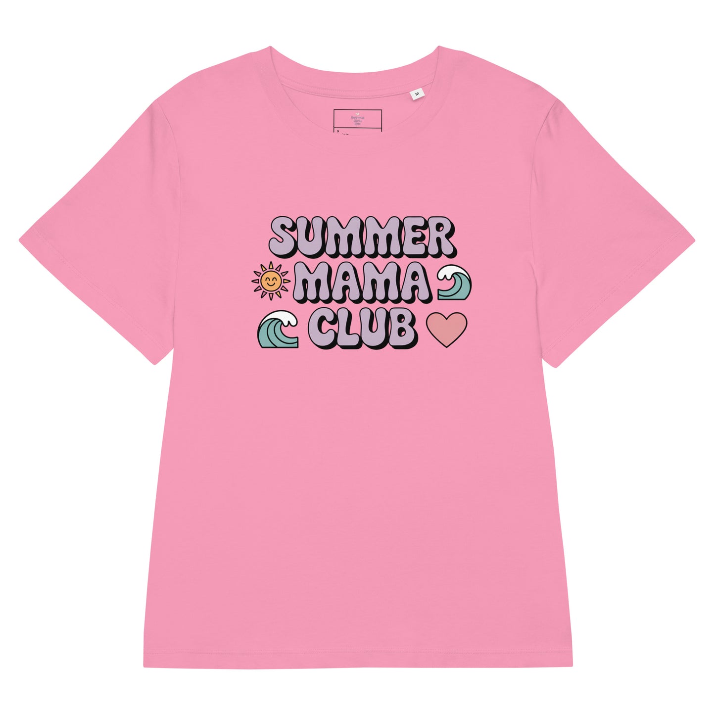 Flat lay of pink women's t-shirt with pastel "Summer Mama Club" design featuring waves, sun, and heart icons.