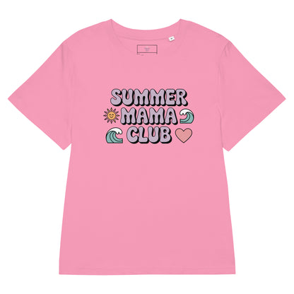 Flat lay of pink women's t-shirt with pastel "Summer Mama Club" design featuring waves, sun, and heart icons.