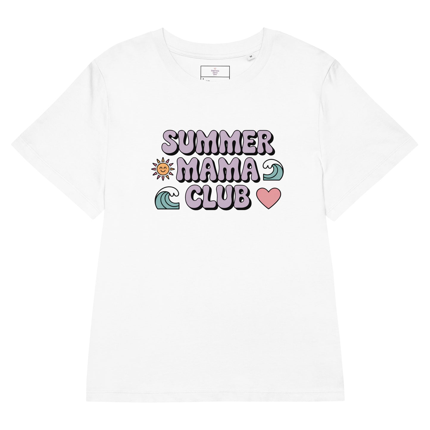 Flat lay of white women's t-shirt with pastel "Summer Mama Club" design featuring waves, sun, and heart icons.