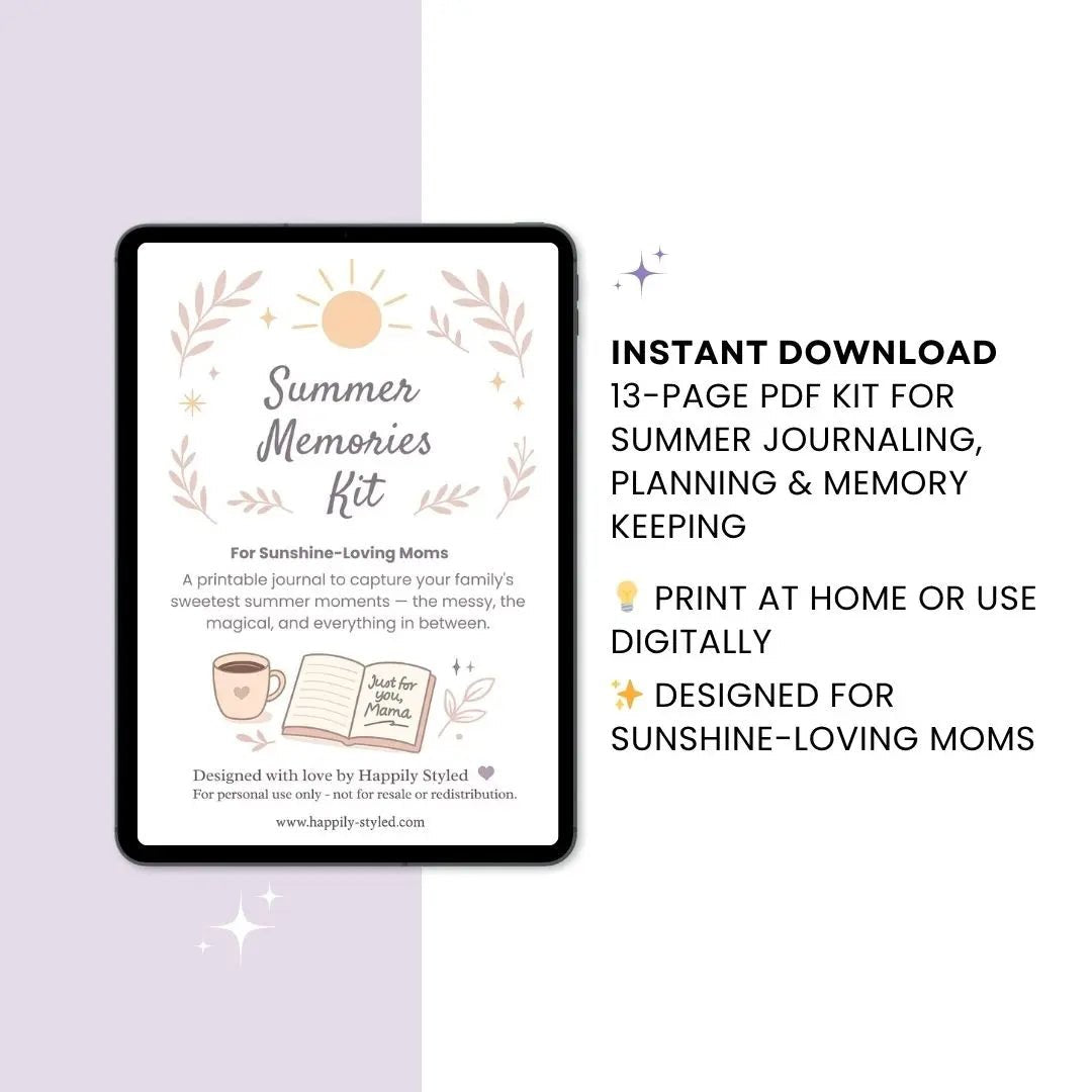 Summer Memories Kit cover page displayed on a tablet with promotional text describing the printable PDF journal for sunshine-loving moms
