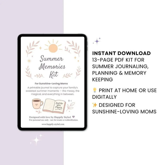 Summer Memories Kit cover page displayed on a tablet with promotional text describing the printable PDF journal for sunshine-loving moms